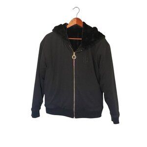 Tommy Hilfiger Women's Black Faux Fur Jacket Size L Medium Hooded Reversible